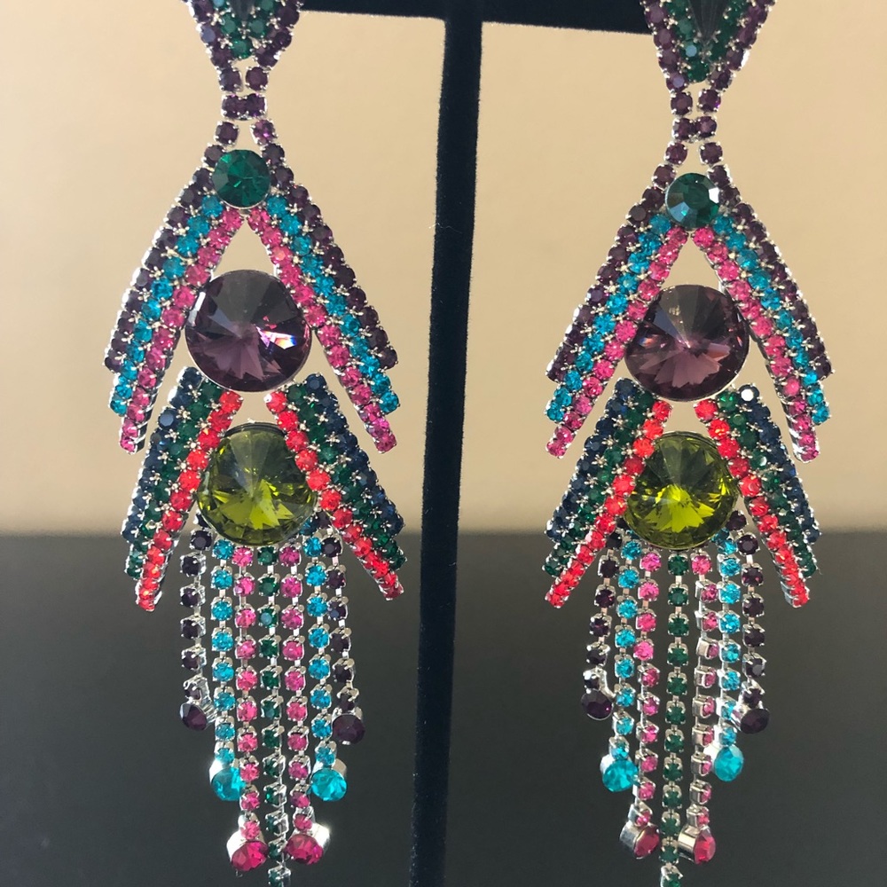 Green and purple crystal dangle earrings